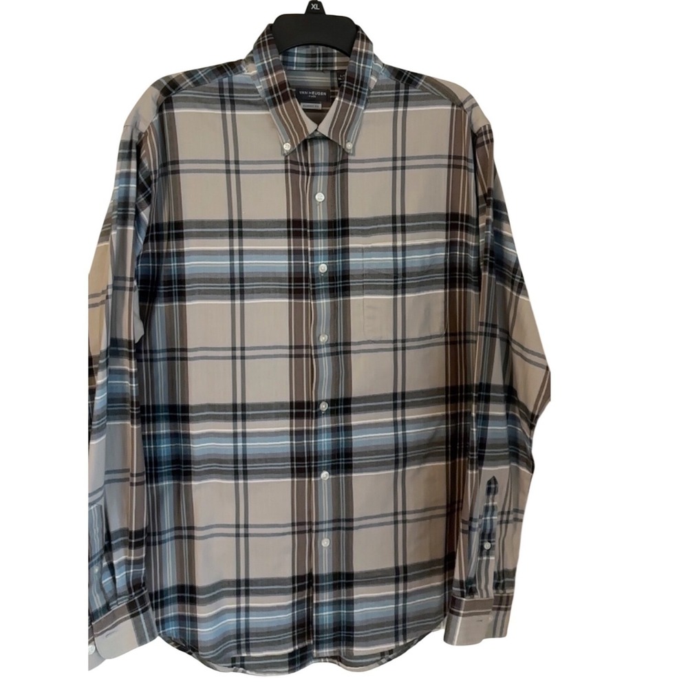 VAN HEUSEN Mens Classic Fit Plaid Button Down Shirt Flex Cotton Blend L G